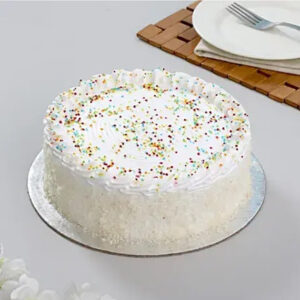 White Vanilla cake with rainbow sprinklers.